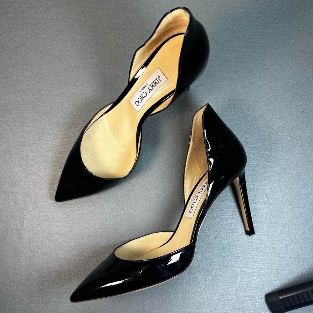 Jimmy Choo Liz 85 Black Patent Leather D’Orsay Pointed Toe Heels Size 40
